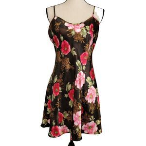 VTG 90s Chemise Slip Dress Womens Sz M Floral Brown Pink Satin‎ Sexy Lingerie